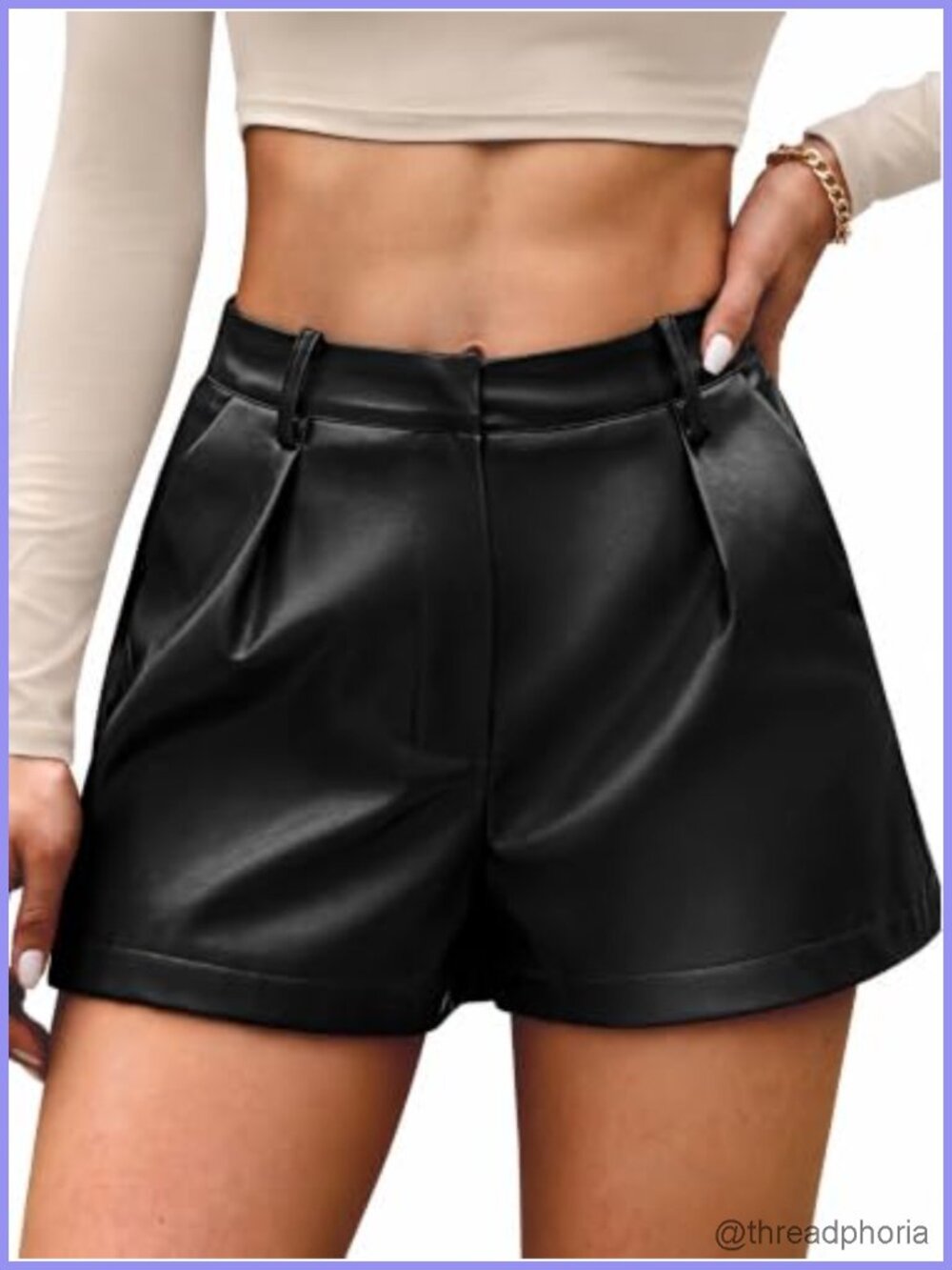 Wide Leg Pleated PU Faux Leather High Rise Shorts with Pockets
